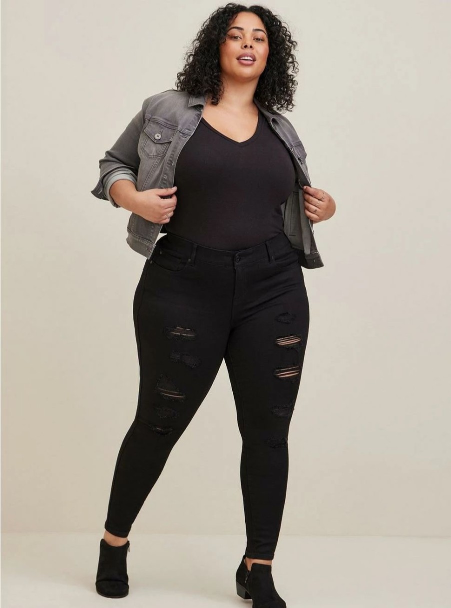 Jeans * | Torrid Bombshell Skinny Premium Stretch High-Rise Destructed Jean