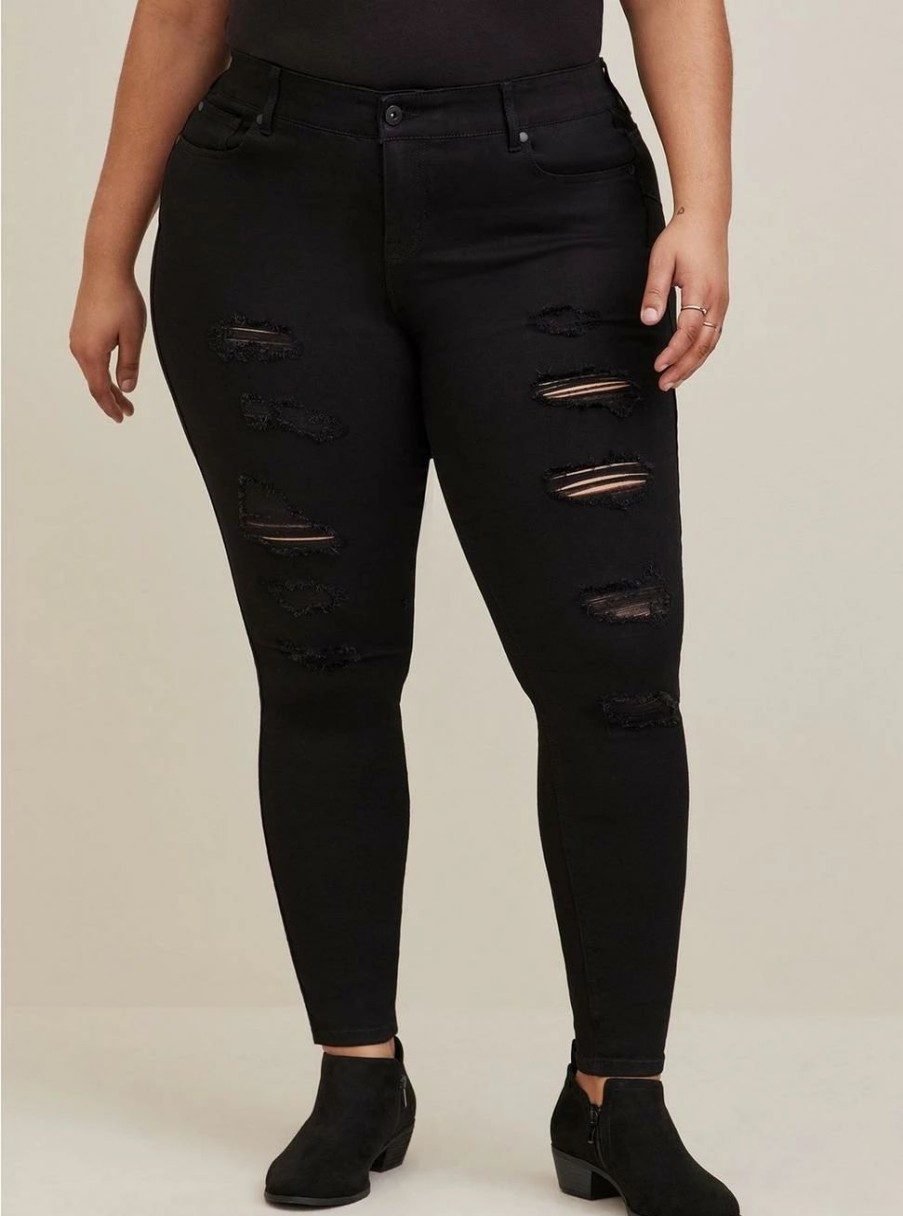 Jeans * | Torrid Bombshell Skinny Premium Stretch High-Rise Destructed Jean