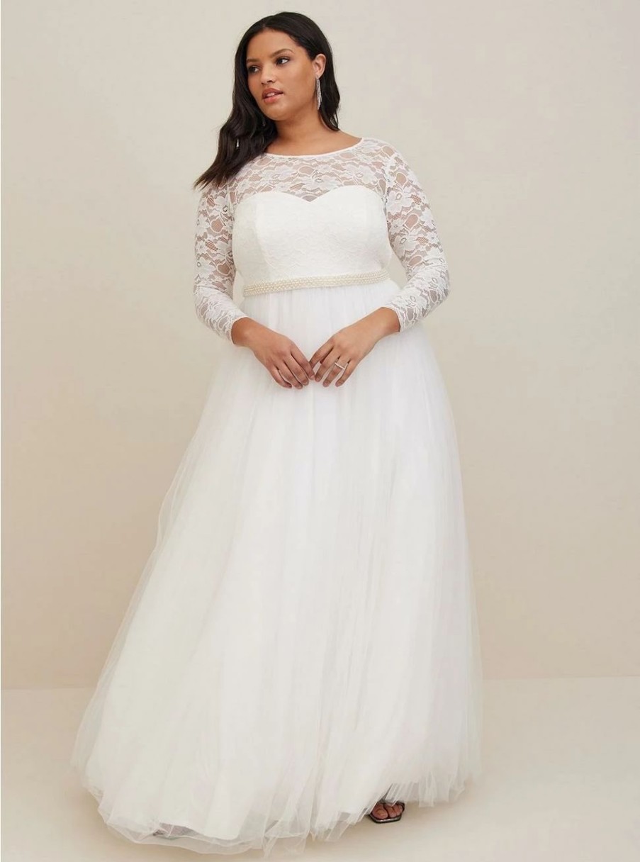 Dresses * | Torrid Ivory Lace & Tulle Beaded Sash A-Line Wedding Dress