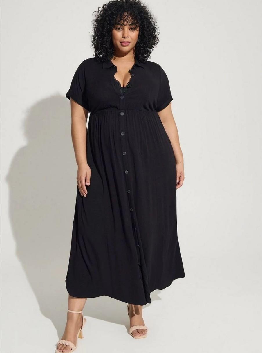 Dresses * | Torrid Maxi Rayon Slub Button Front Godet A-Line Dress