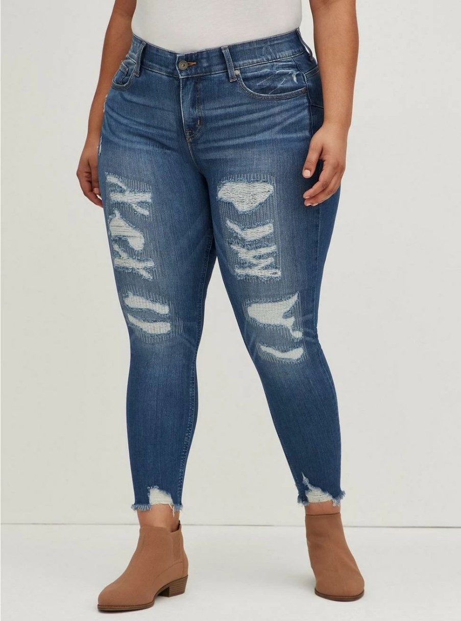 Jeans * | Torrid Bombshell Skinny Premium Stretch High-Rise Destructed Jean