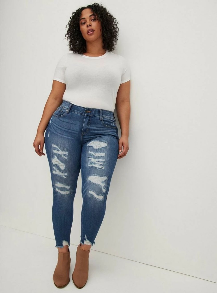 Jeans * | Torrid Bombshell Skinny Premium Stretch High-Rise Destructed Jean