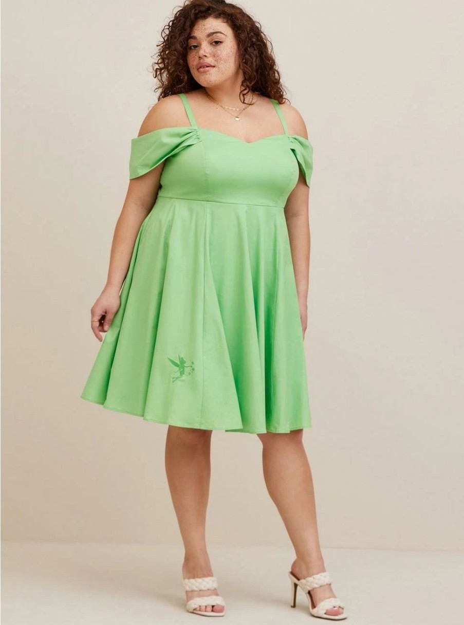 Dresses * | Torrid Disney Tinkerbell Stretch Poplin Off Shoulder Dress