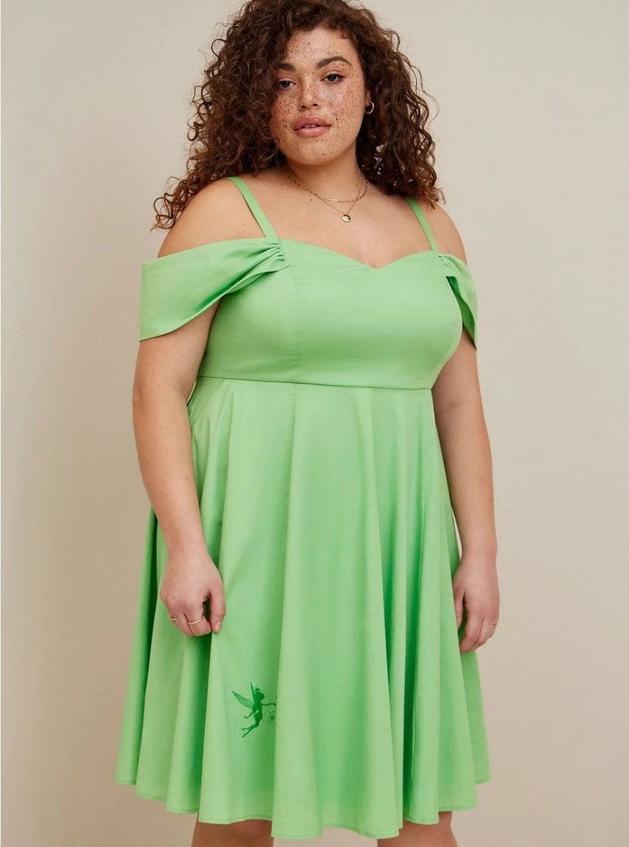 Dresses * | Torrid Disney Tinkerbell Stretch Poplin Off Shoulder Dress